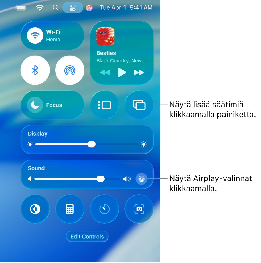 Macin Ohjauskeskuksen zoomattu näkymä ja selite Näyttö-painikkeeseen.