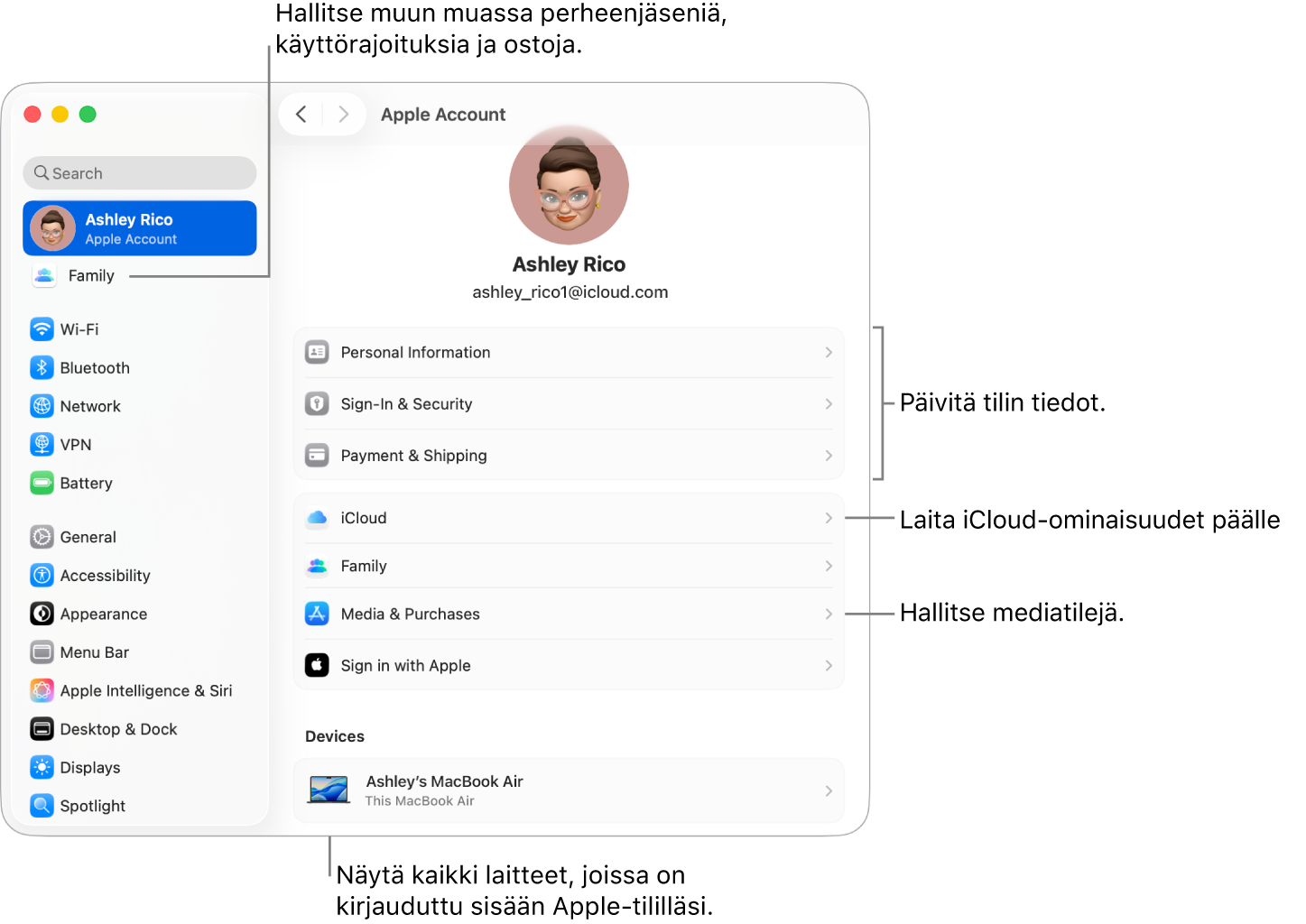 Järjestelmäasetusten Apple-tili-asetukset ja selitteet tilin tietojen päivittämiseen, iCloud-ominaisuuksien laittamiseen päälle tai pois päältä sekä mediatilien hallintaan. Lisäksi Perhe-osio, jossa voit hallita perheenjäseniä, käyttörajoituksia, ostoja ja muita ominaisuuksia.
