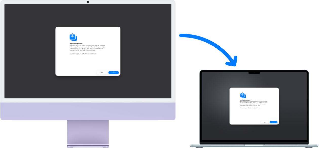 Un iMac et un MacBook Air affichant tous les deux l’écran « Assistant migration ». Une flèche allant de l’iMac au MacBook Air indique que des données sont transférées de l’un à l’autre.
