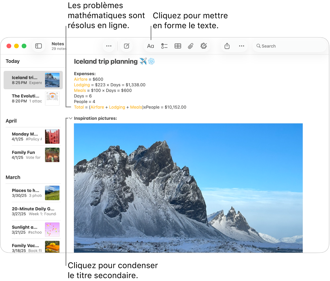 Une fenêtre de l’app Notes affichant des calculs pour un voyage et une photo de la destination.