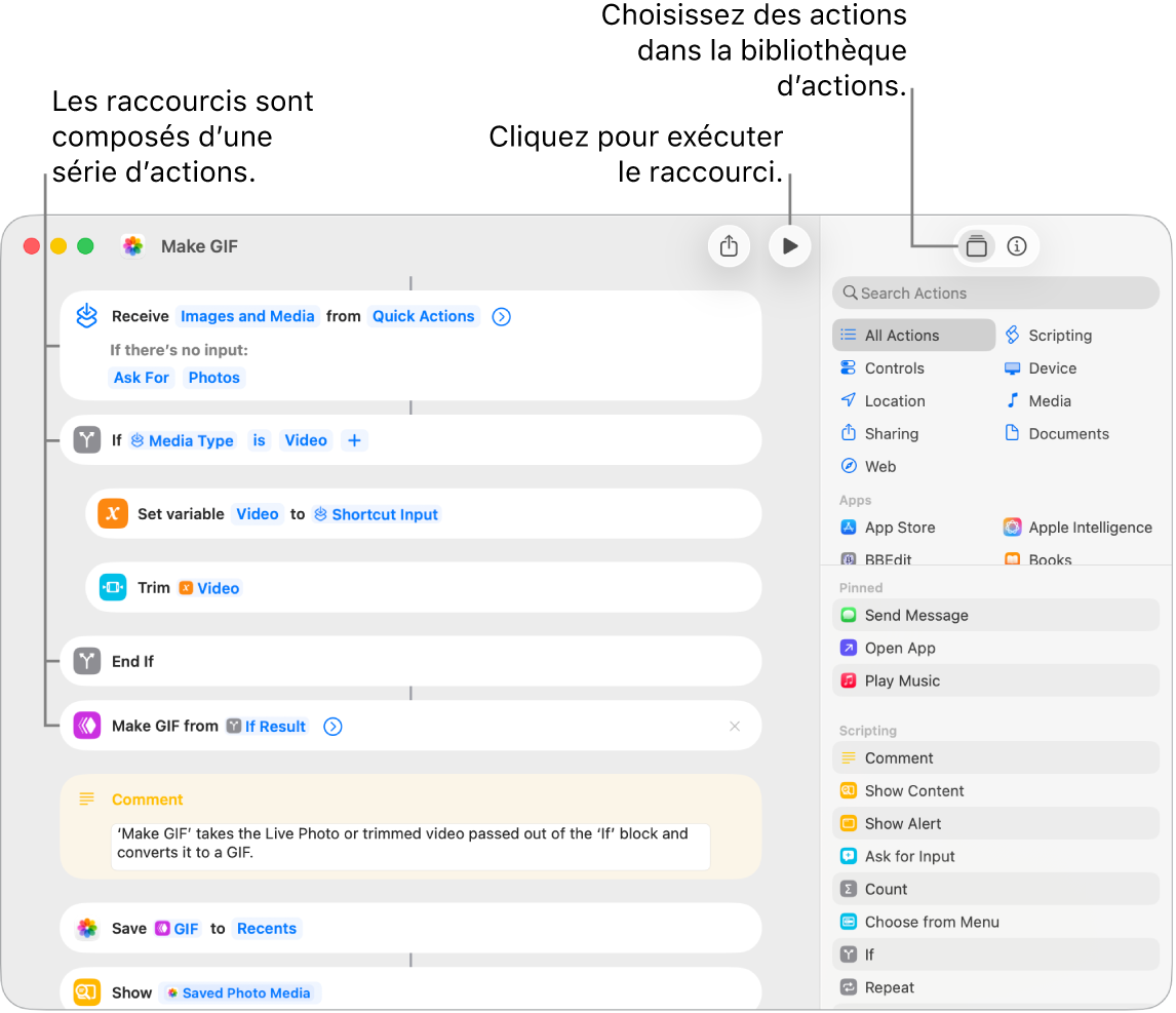 L’éditeur de raccourcis à gauche, affichant les actions du raccourci « Créer GIF ».