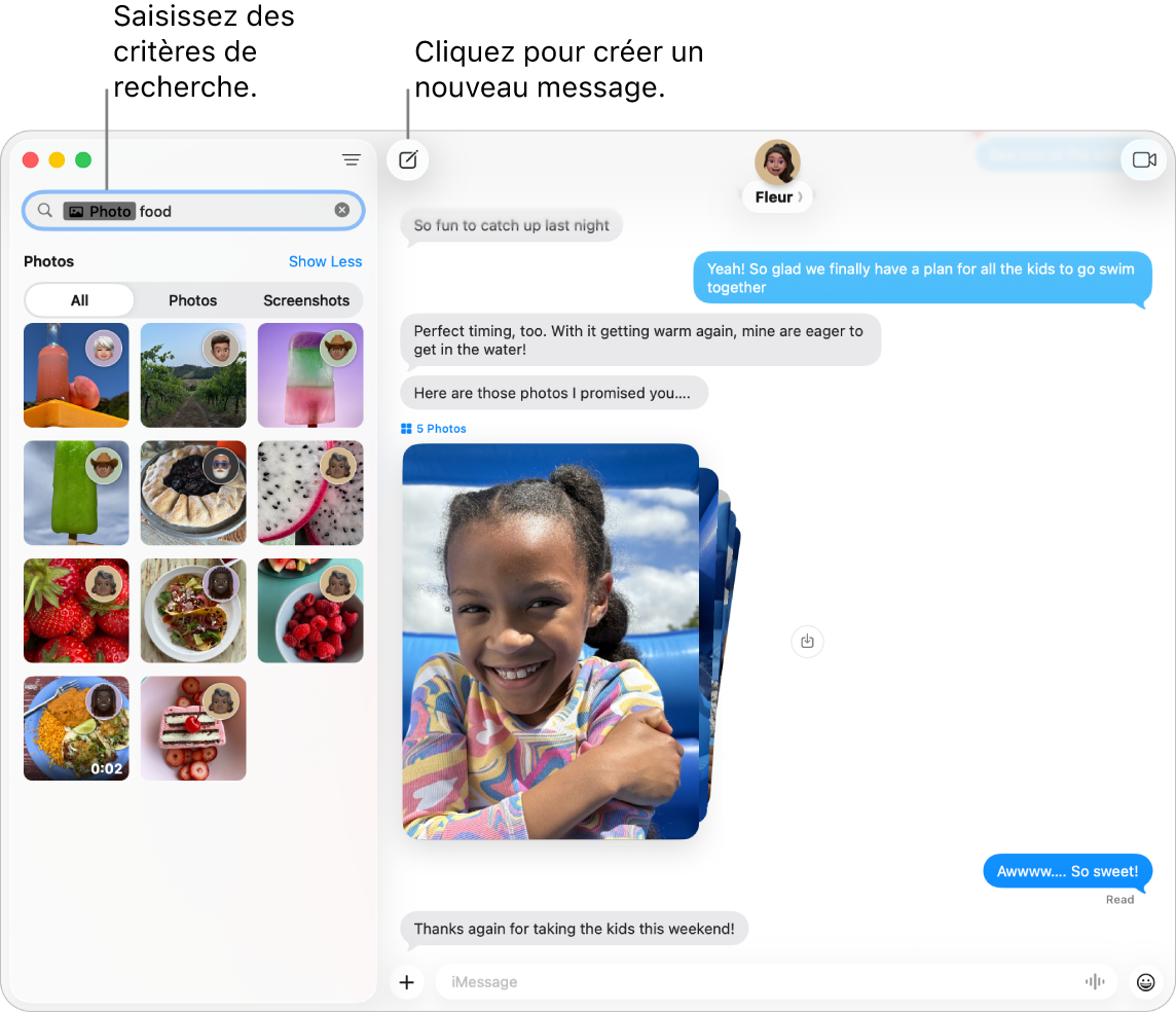 Une fenêtre Messages affichant des résultats de recherche à gauche et une conversation à droite.