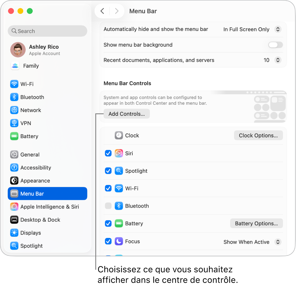 La fenêtre de réglages « Barre des menus ».