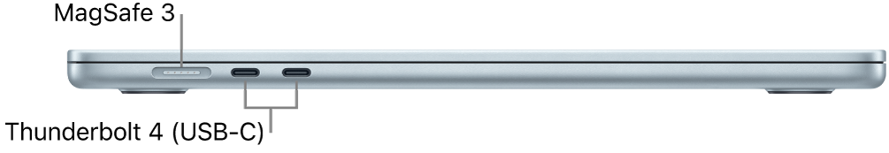 הצד השמאלי של MacBook Air עם הסברים לגבי שקעי MagSafe 3 ו-Thunderbolt 4.