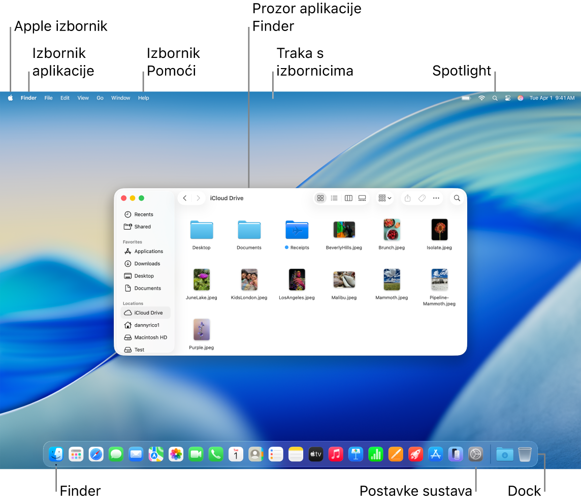 Zaslon Mac računala prikazuje Apple izbornik, izbornik Aplikacije, izbornik Pomoć, prozor Findera, traku s izbornicima, ikonu Spotlight, ikonu Findera, ikonu Postavki sustava i Dock.