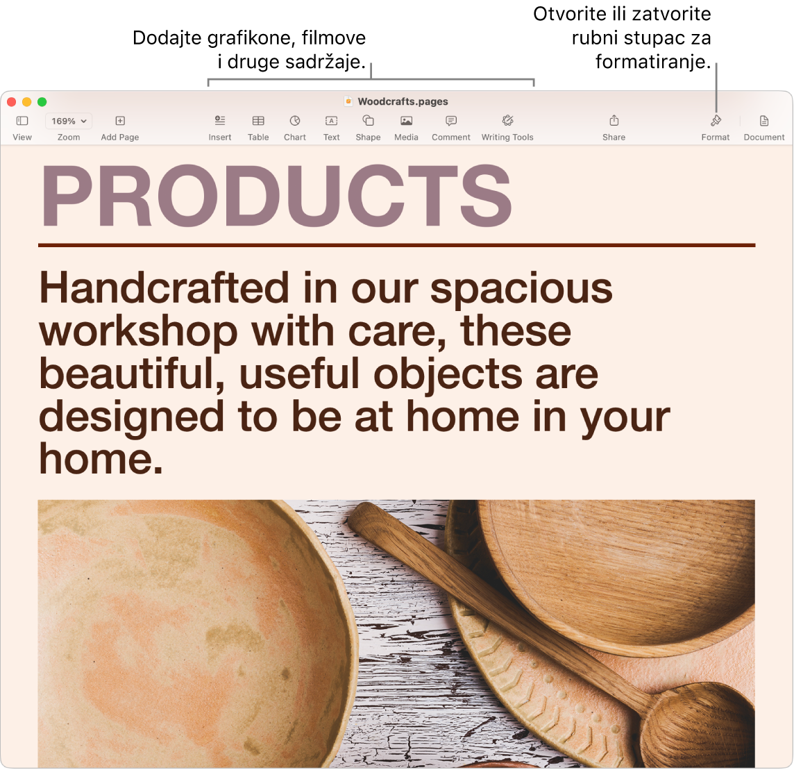 U prozoru aplikacije Pages prikazuje se dokument izrađen iz predloška. Postoje oblačići za dodavanje grafikona, filmova i ostalog u alatnoj traci, te oblačić za Otvori ili Zatvori rubni stupac Format.