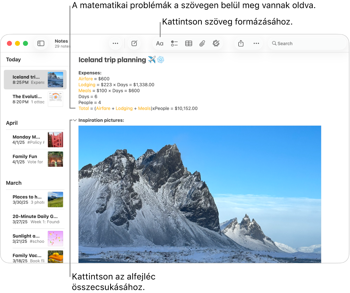 A Jegyzetek app ablaka egy utazás költségeinek számításával és egy kép az úti célról.