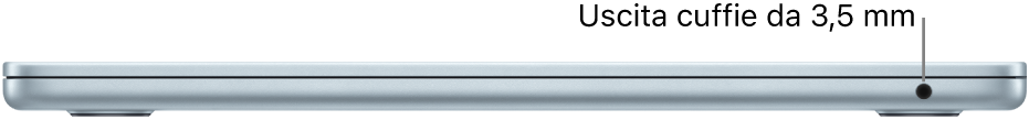 Vista laterale, da destra, di un MacBook Air con una didascalia indicante la porta per le cuffie da 3,5 mm.