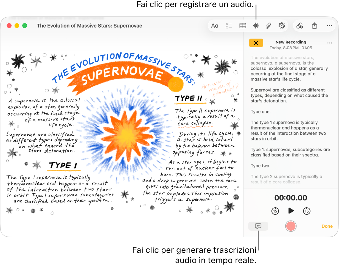 Una finestra di Note che mostra una nota con una registrazione audio. La schermata “Dettagli audio” è aperta e mostra la trascrizione della registrazione audio.