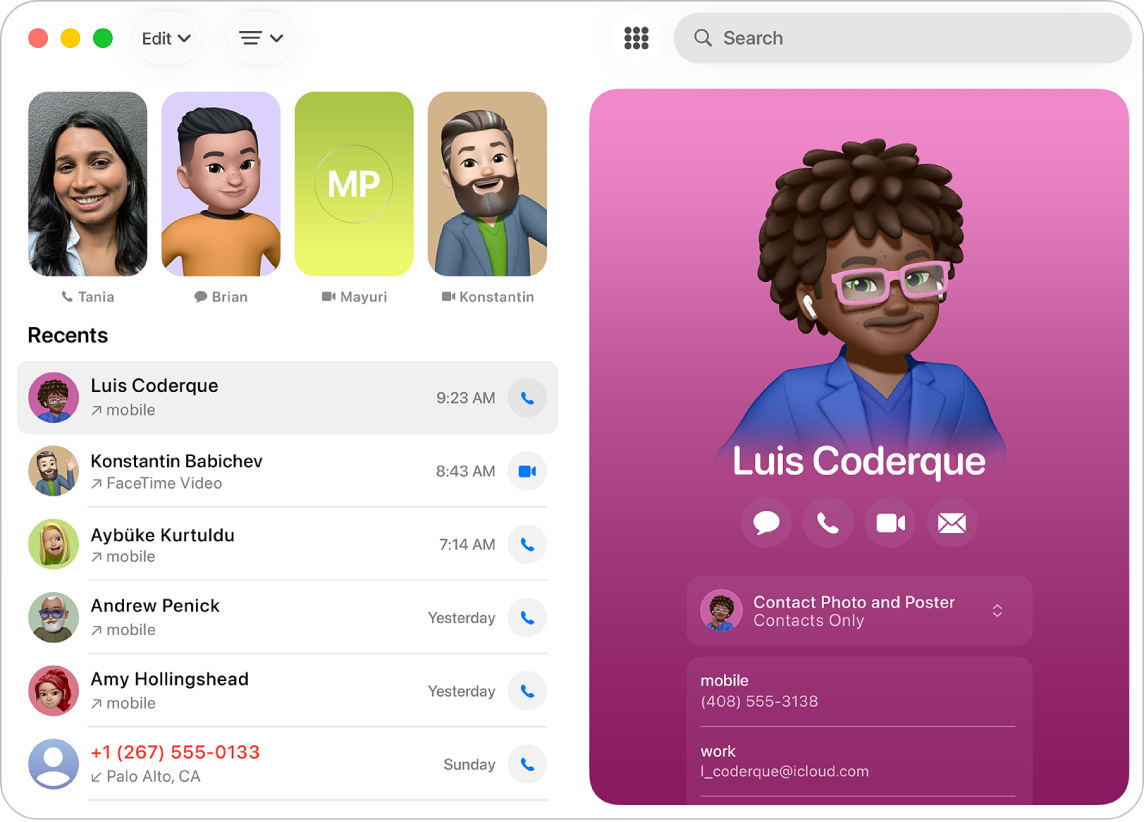 Una finestra dell’app Telefono sul Mac che mostra le chiamate recenti a sinistra e una scheda contatto a destra.