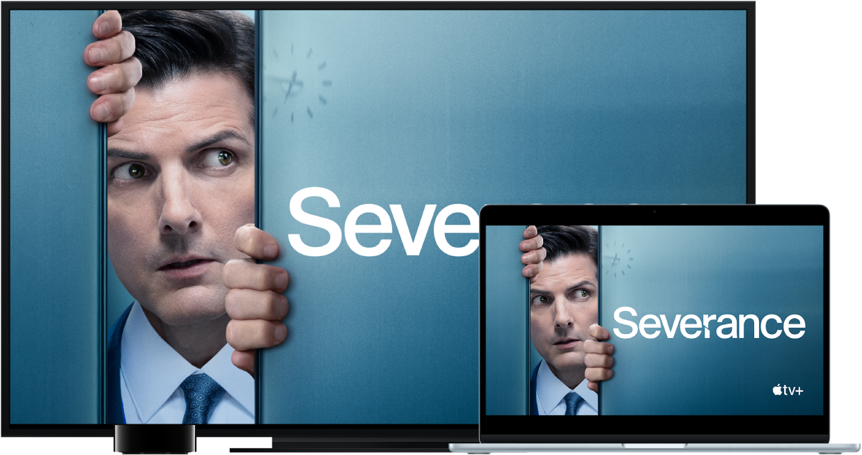 MacBook Air con i contenuti duplicati su un grande televisore ad alta risoluzione tramite Apple TV.