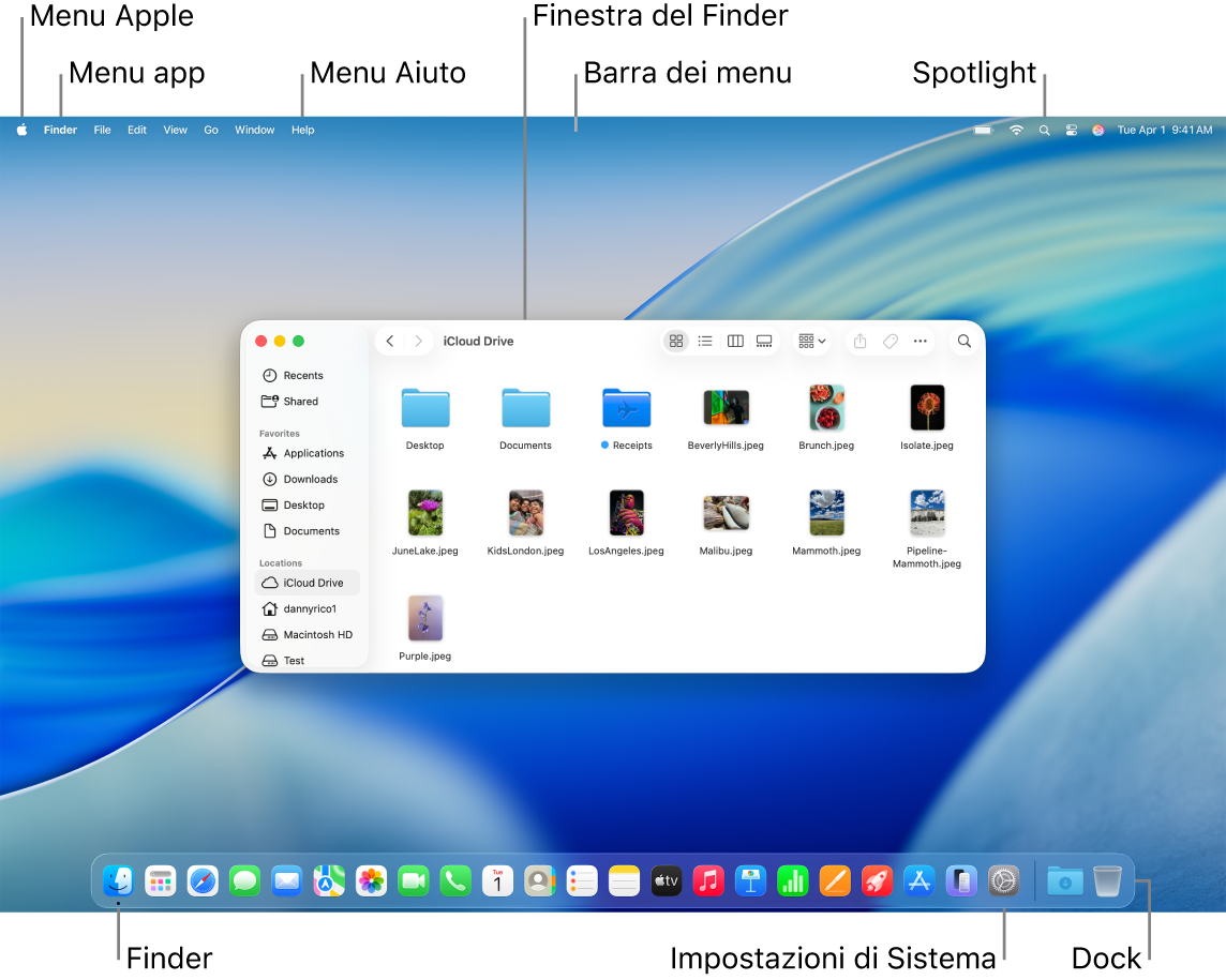Una schermata del Mac che mostra il menu Apple, il menu App, il menu Aiuto, una finestra del Finder, la barra dei menu, l’icona Spotlight, l’icona del Finder, l’icona di Impostazioni di Sistema e il Dock.