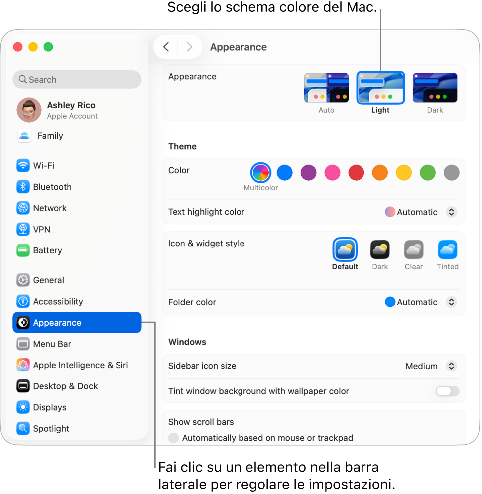 Le impostazioni Aspetto in Impostazioni di Sistema.