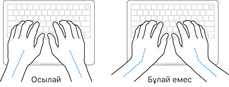 Білек пен қолдың дұрыс және дұрыс емес туралауын көрсетіп тұрған үстінде қолдар бар пернетақта.
