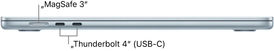 Kairioji „MacBook Air“ pusė, matomos „MagSafe 3“ ir „Thunderbolt 4“ prievadų nuorodos.
