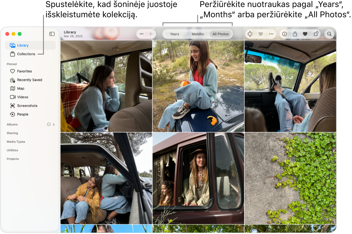 Programos „Photos“ (nuotraukos) langas, kuriame rodoma „Library“ (biblioteka) su nuotraukomis, išdėliotomis pagal metus, mėnesius ar visas nuotraukas. Taip pat šoninėje juostoje galite rinktis iš skirtingų kolekcijų.