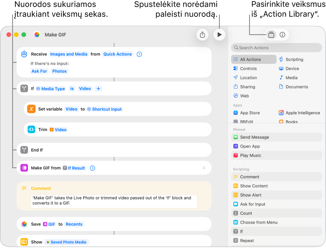 Kairėje esanti „Shortcut“ (sparčioji komanda) rengyklė rodo „Make GIF“ sparčiosios komandos veiksmus.