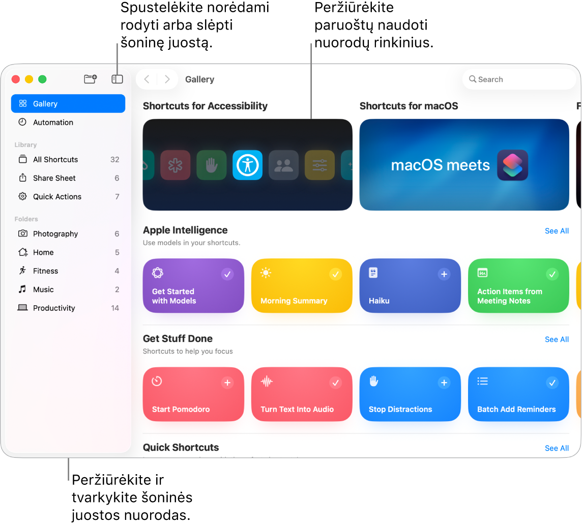 Programos „Shortcuts“ (sparčiosios komandos) langas, kuriame kairėje atidaryta šoninė juosta, o dešinėje – „Gallery“ (galerija) su paruoštų sparčiųjų komandų rinkiniais.