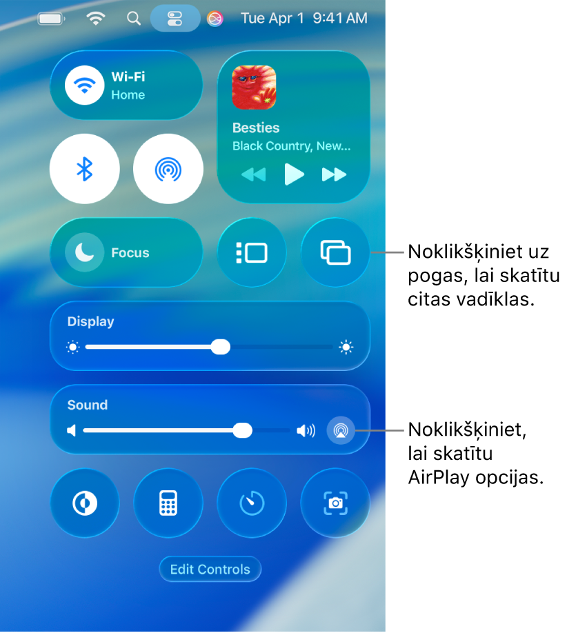 Pietuvināts izvēlnes Notification Center skats Mac datorā ar remarku pie pogas Display.