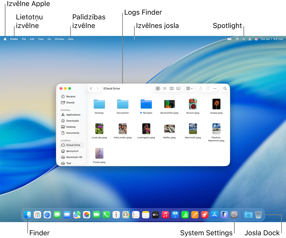 Mac datora ekrānā redzama Apple izvēlne, izvēlne App, izvēlne Help, lietotnes Finder logs, izvēlnes josla, ikona Spotlight, ikona Finder, ikona System Settings un josla Dock.