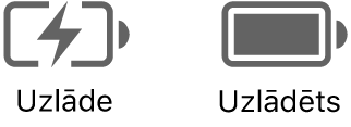 Uzlādes procesā esoša un uzlādēta akumulatora statusa ikonas.