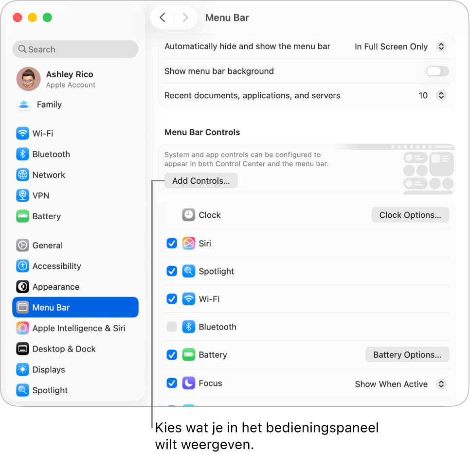 Het venster met instellingen voor 'Menubalk'.