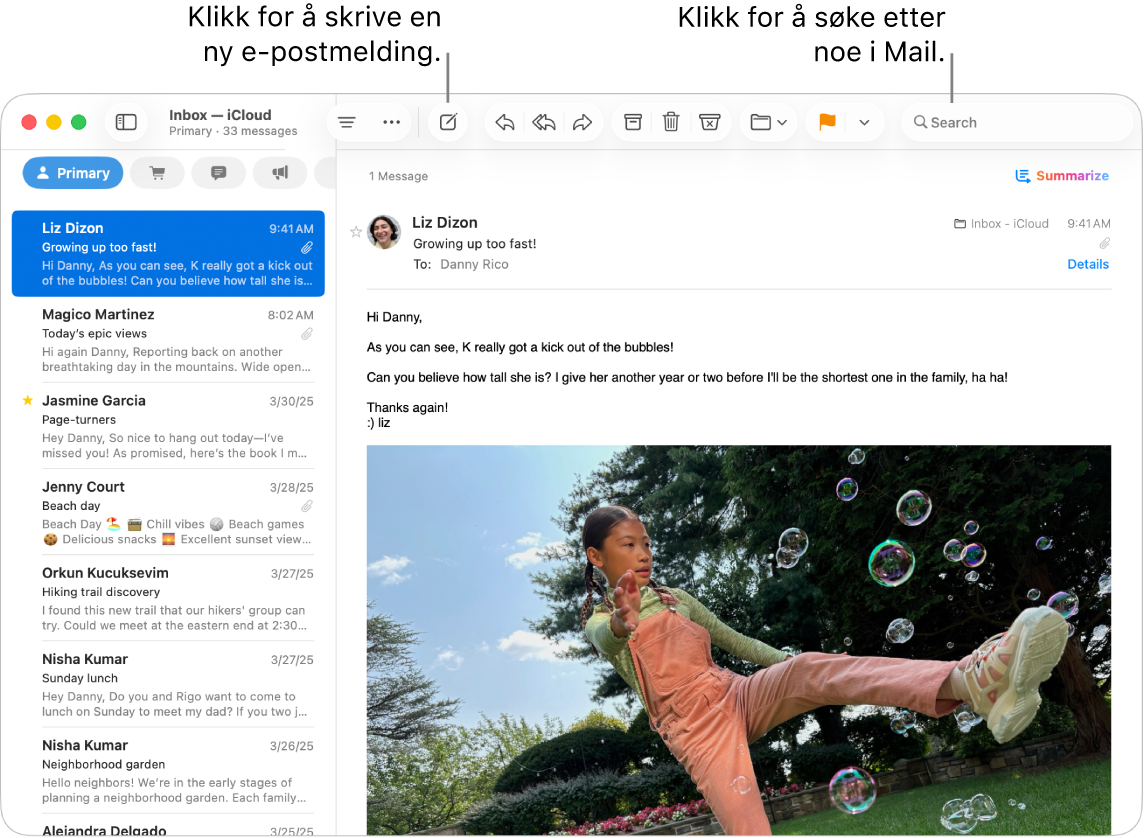 Et Mail-vindu som viser listen med meldinger ved siden av sidepanelet og innholdet i den markerte meldingen til høyre. En bildeforklaring peker på søkefeltet.