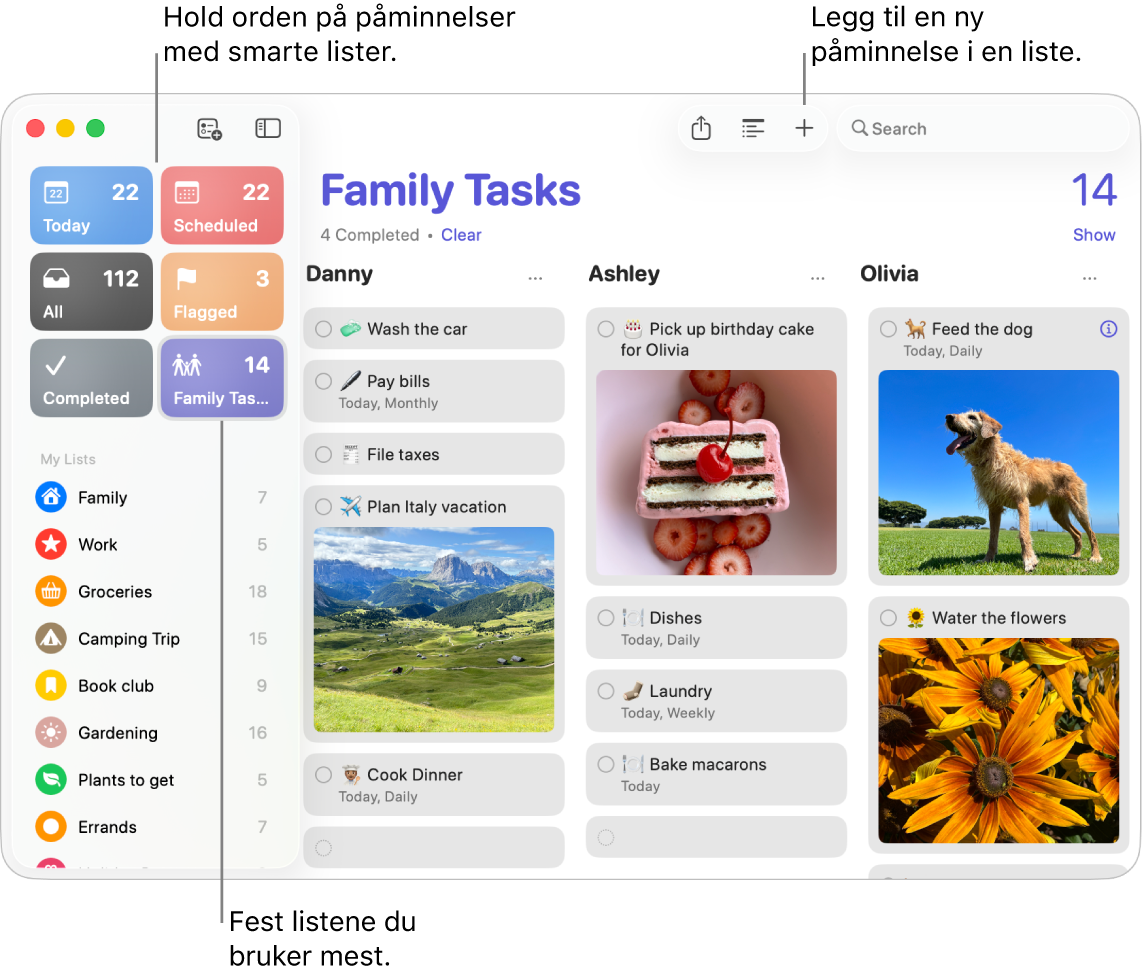 Et Påminnelser-vindu med smarte lister til venstre og andre påminnelser og lister til høyre.