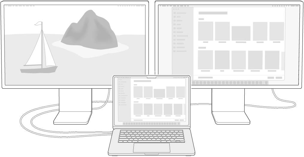 MacBook Air obok dwóch wyświetlaczy Studio Display używanych jako wyświetlacze zewnętrzne.