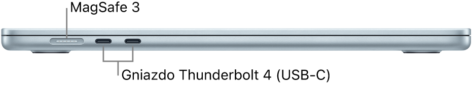 MacBook Air widziany z lewej strony. Etykiety wskazują gniazda MagSafe 3 oraz Thunderbolt 4.