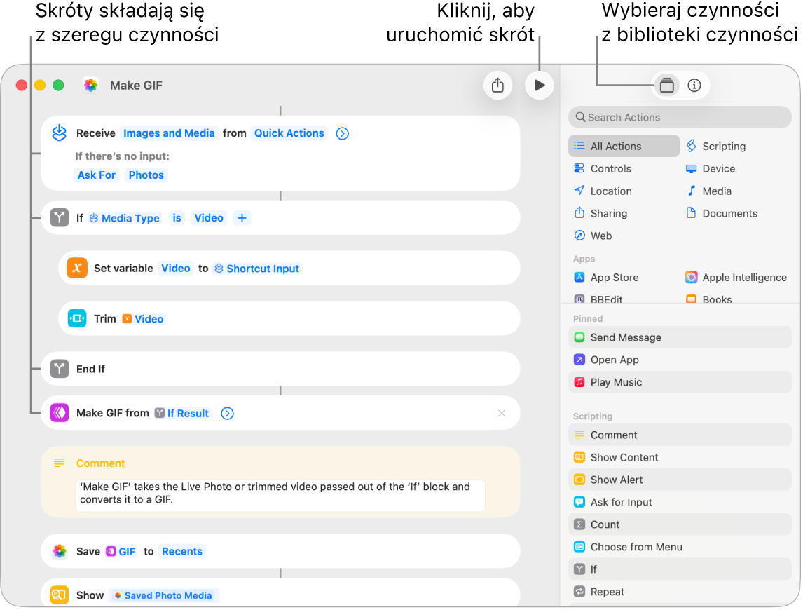 Edytor skrótów po lewej stronie, pokazujący czynności skrótu Utwórz GIF.