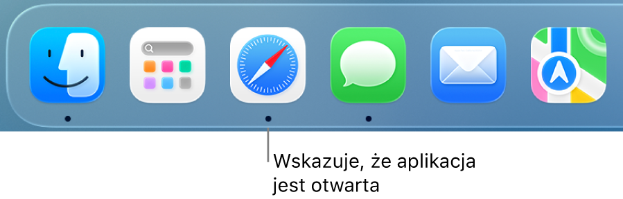 Fragment Docka z czarnymi kropkami pod ikonami otwartych aplikacji.