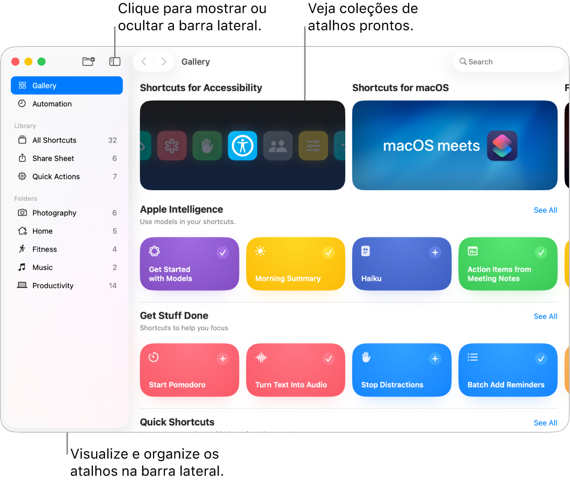 Janela do app Atalhos com a barra lateral aberta à esquerda e a Galeria à direita, com coleções de atalhos prontos.