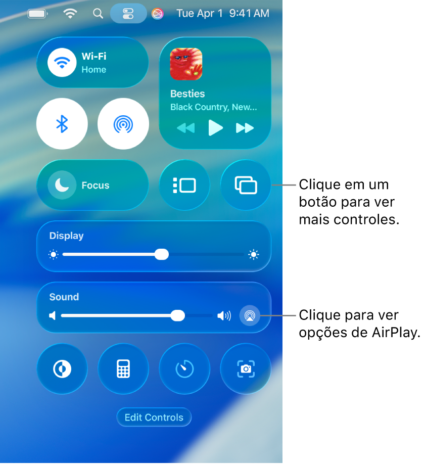 Visualização ampliada da Central de Controle no Mac, com uma chamada para o botão Exibir.