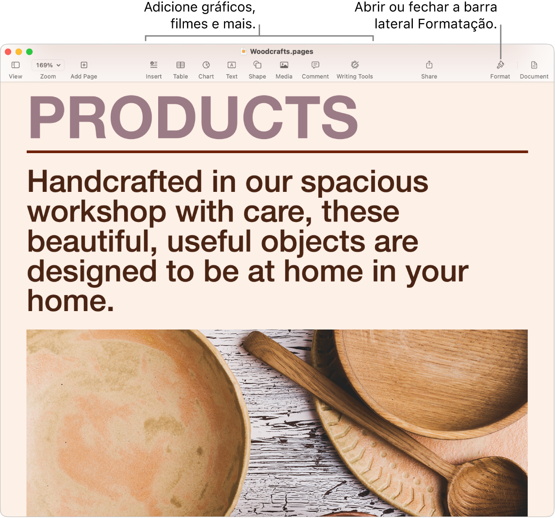 Uma janela do Pages a mostrar um documento criado de um modelo. Existem chamadas para adicionar gráficos, filmes e muito mais na barra de ferramentas e uma chamada para abrir ou fechar a barra lateral Formato.