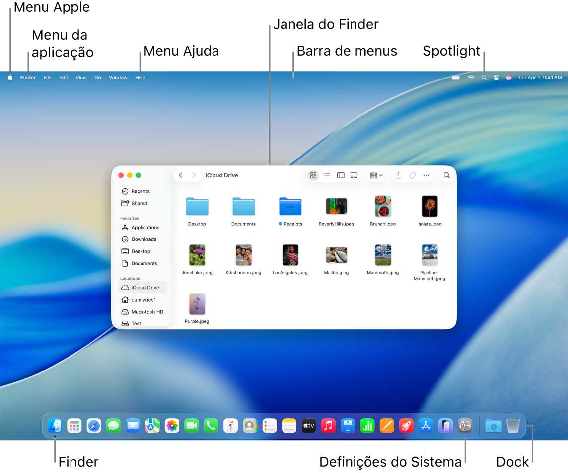 Ecrã do Mac que mostra o menu Apple, o menu da aplicação, o menu Ajuda, uma janela do Finder, a barra de menus, o ícone do Spotlight, o ícone do Finder, o ícone das Definições do Sistema e a Dock.