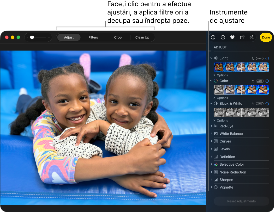 O fereastră a aplicației Poze afișând o poză în curs de editare.