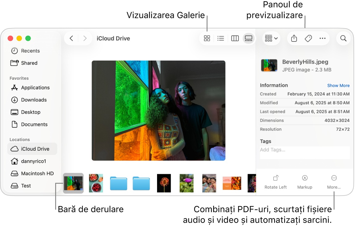 O fereastră Finder deschisă în vizualizarea galerie, afișând o poză mare și, dedesubt, un rând de poze mai mici (banda de derulare). Comenzile pentru rotire, marcare și altele se află la dreapta barei de derulare.