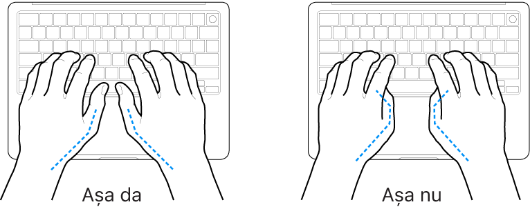 Mâini poziționate deasupra unei tastaturi, indicând alinierea corectă și incorectă a degetelor mari.