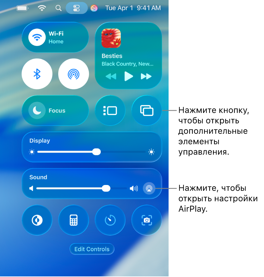 Увеличенное изображение Пункта управления на Mac. Выноска указывает на кнопку «Дисплей».