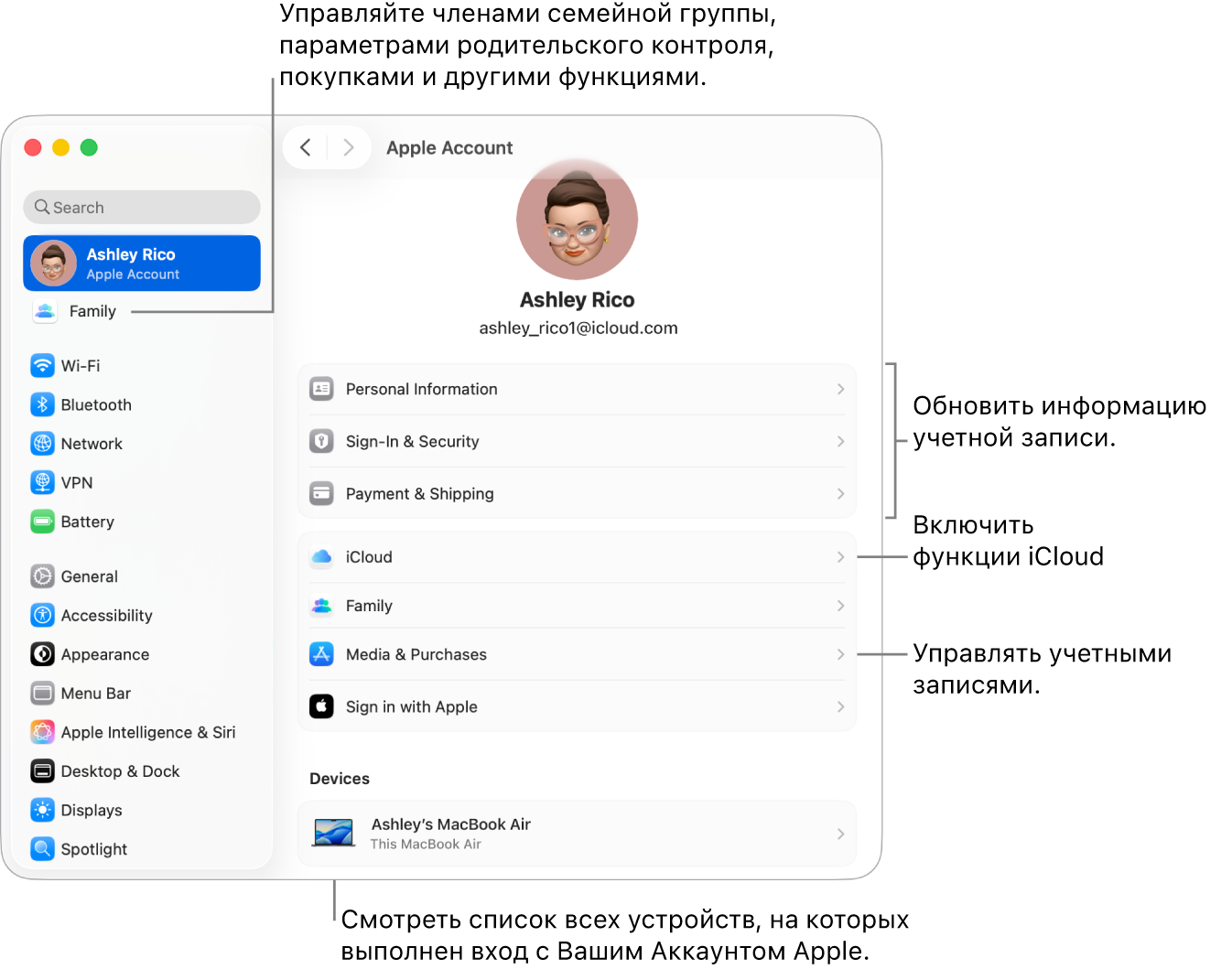 Настройки Аккаунта Apple в Системных настройках. Сносками показаны параметры обновления сведений учетной записи, включения или выключения функций iCloud и управления настройками учетных записей для мультимедиа. В настройках Семейного доступа показаны параметры управления устройствами членов семьи, родительским контролем, покупками и многим другим.