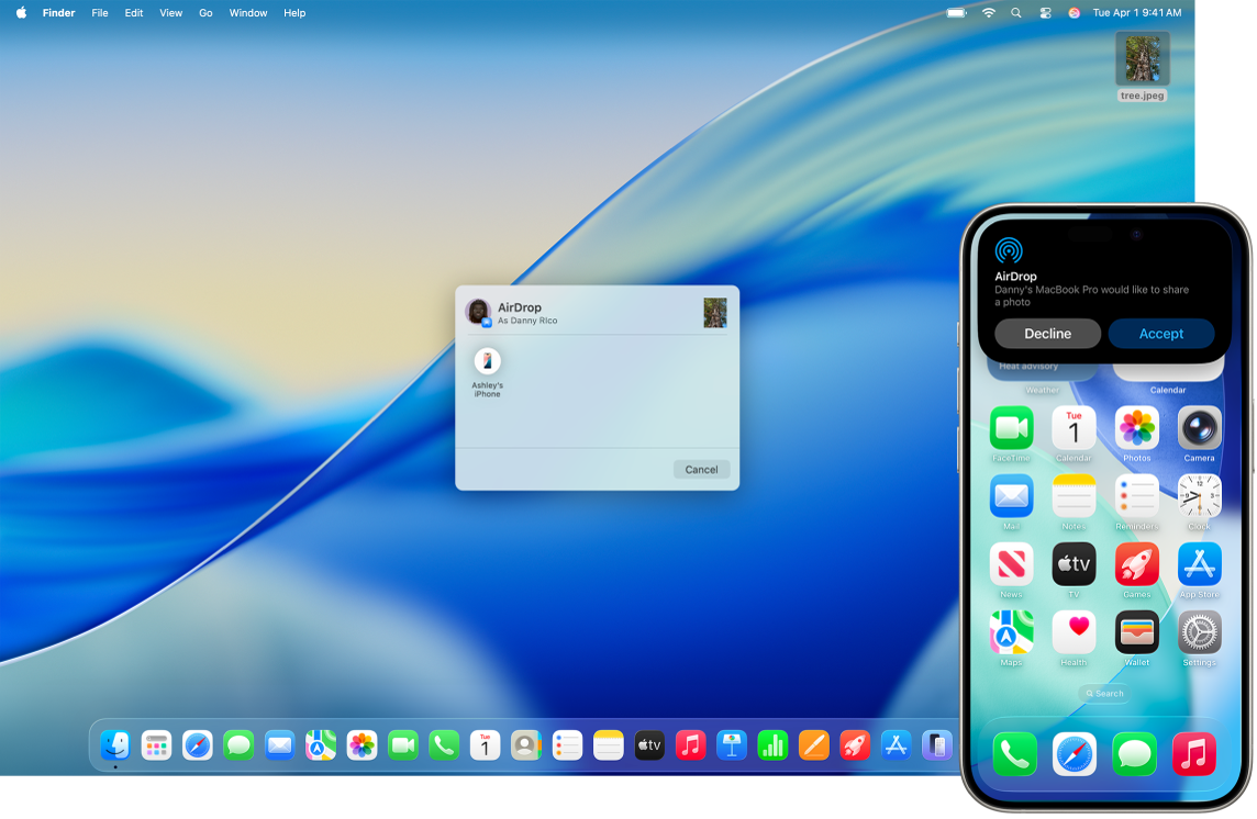 В диалоговом окне AirDrop на Mac показана отправка файла на находящийся рядом iPhone. На расположенном рядом iPhone отображается уведомление, в котором можно принять файл или отклонить его получение.
