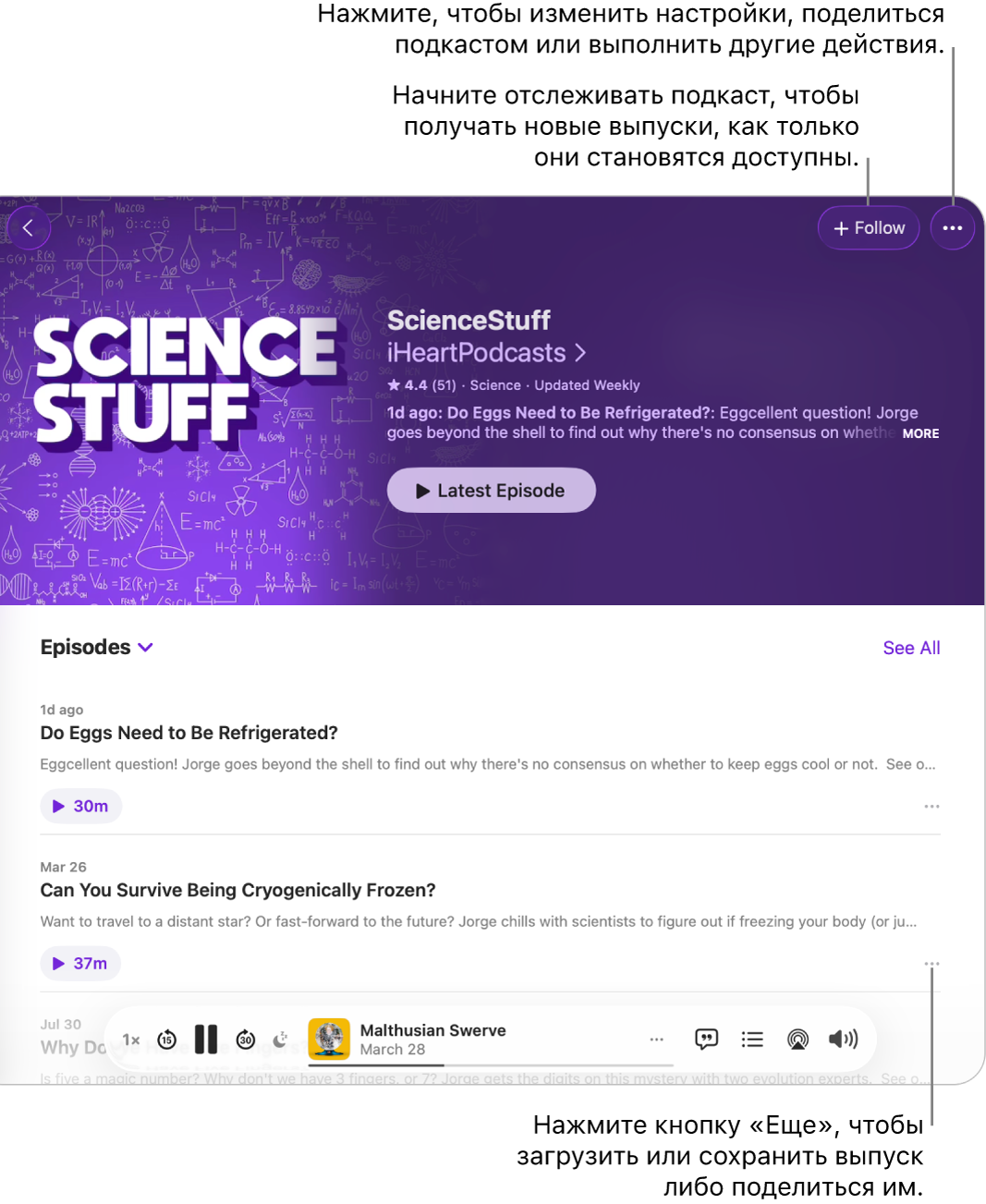Окно приложения «Подкасты», в котором показан список выпусков. Кнопка «Подписаться» в верхней части окна позволяет подписаться на подкаст, а кнопка «Еще» рядом с каждым выпуском дает возможность загрузить или сохранить выпуск.