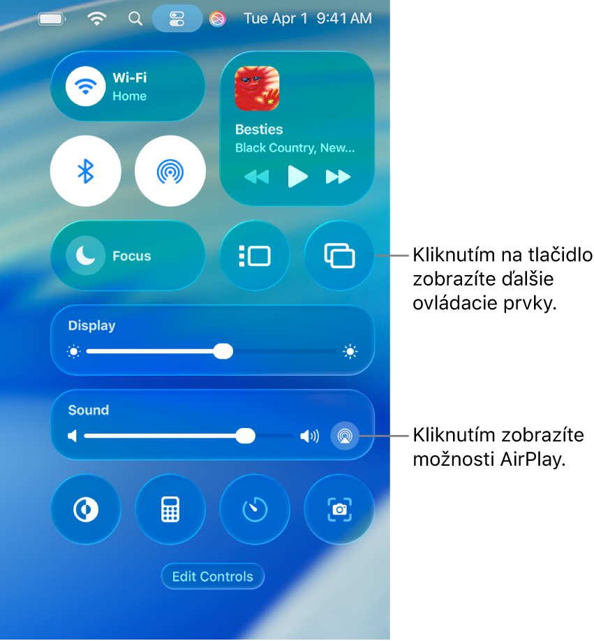 Zväčšený pohľad na Ovládacie centrum na Macu s bublinou pri tlačidle Zobraziť.