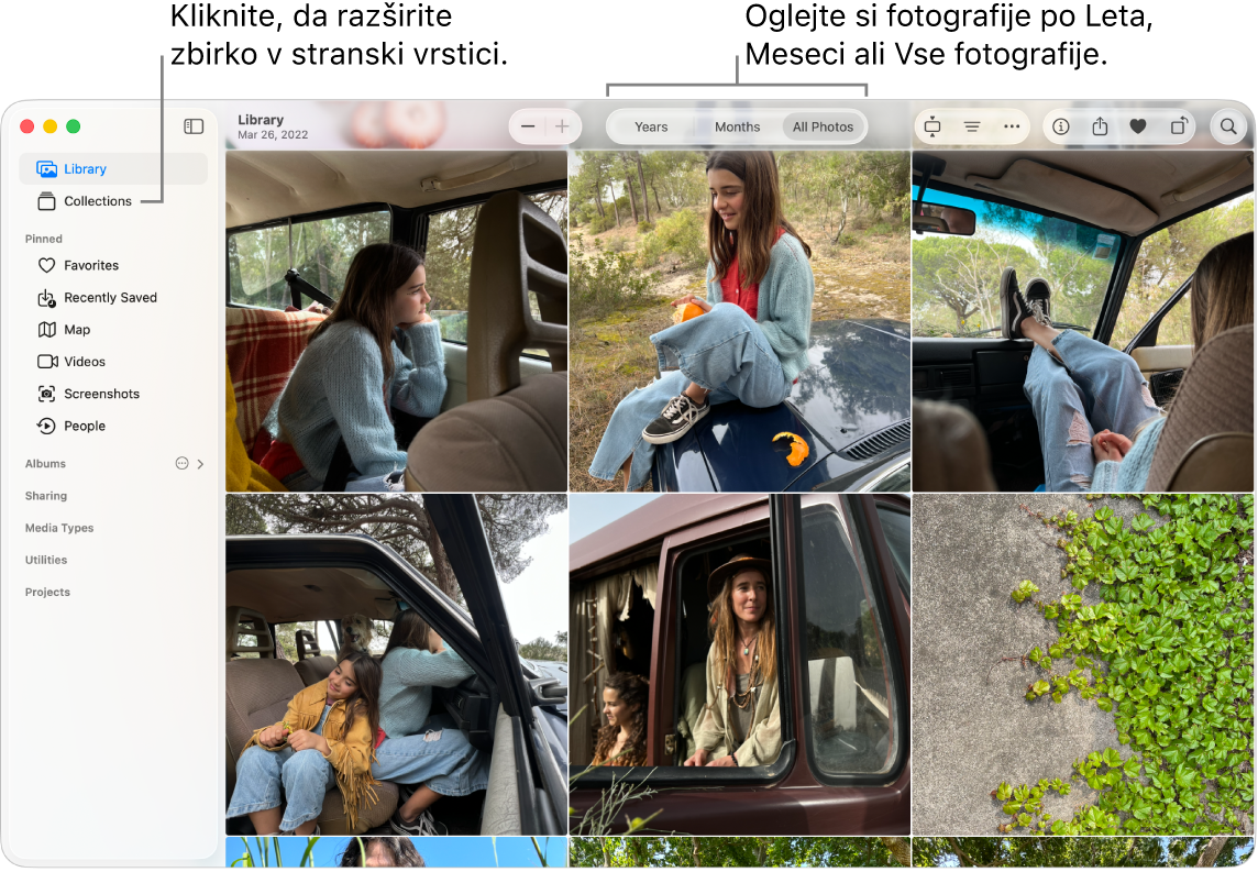 Okno aplikacije Fotografije kaže knjižnico, kjer si lahko ogledate fotografije po letih ali mesecih oziroma si ogledate vse fotografije. V stranski vrstici lahko tudi izbirate med različnimi zbirkami.