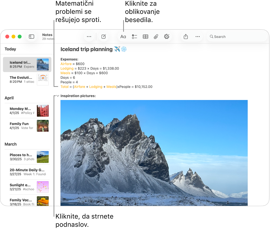 Okno aplikacije Zapiski kaže izračune za potovanje in sliko destinacije.