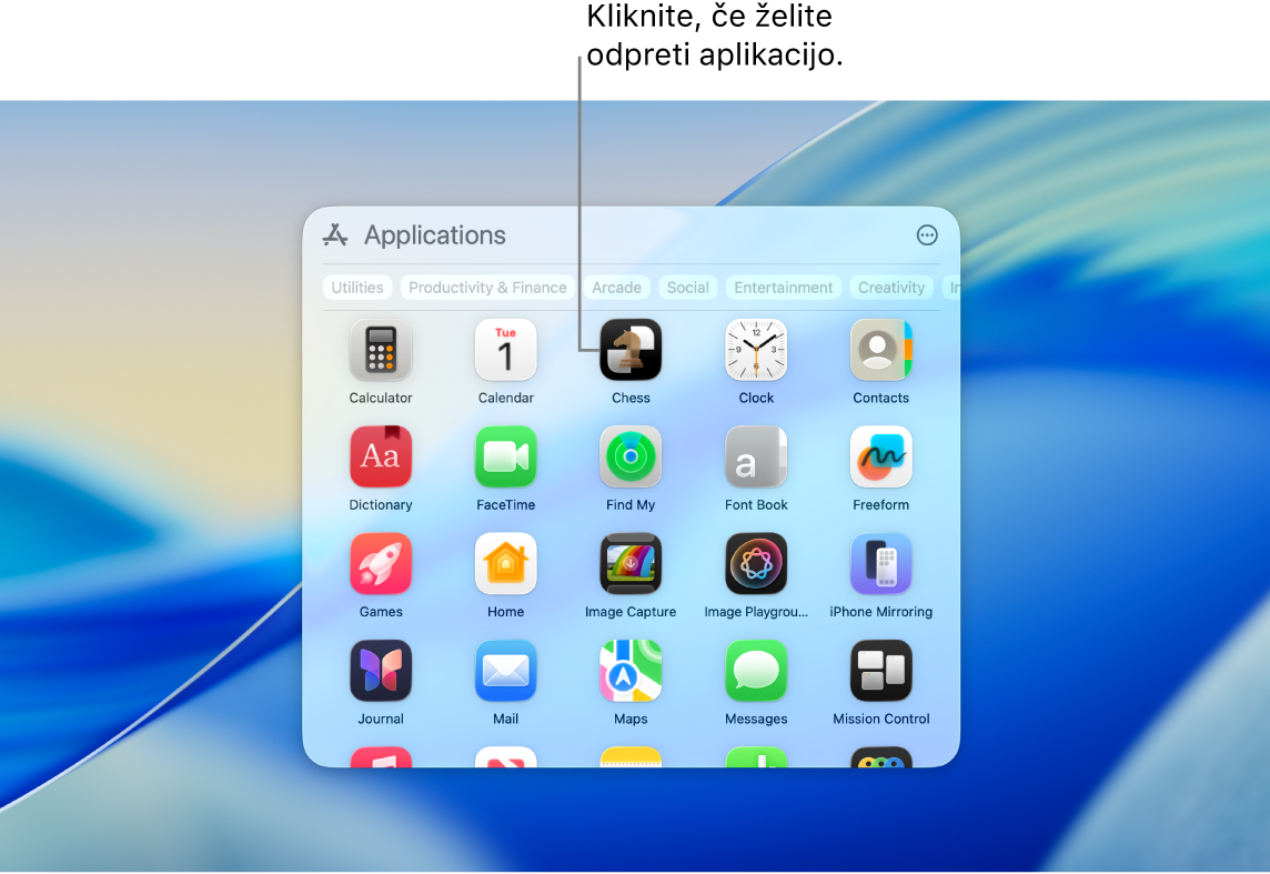 Ikona Aplikacije v vrstici Dock in odprto okno Aplikacije s prikazom različnih aplikacij, razporejenih v mrežo na zaslonu računalnika Mac.