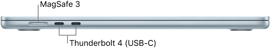 Pogled na računalnik MacBook Air s strani s poudarjenim MagSafe 3 in vhodi Thunderbolt 4.