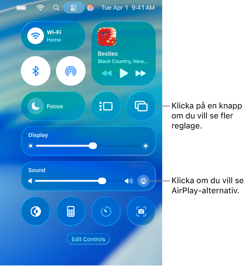 Inzoomad vy av Kontrollcenter på datorn med ett streck till bildskärmsknappen.