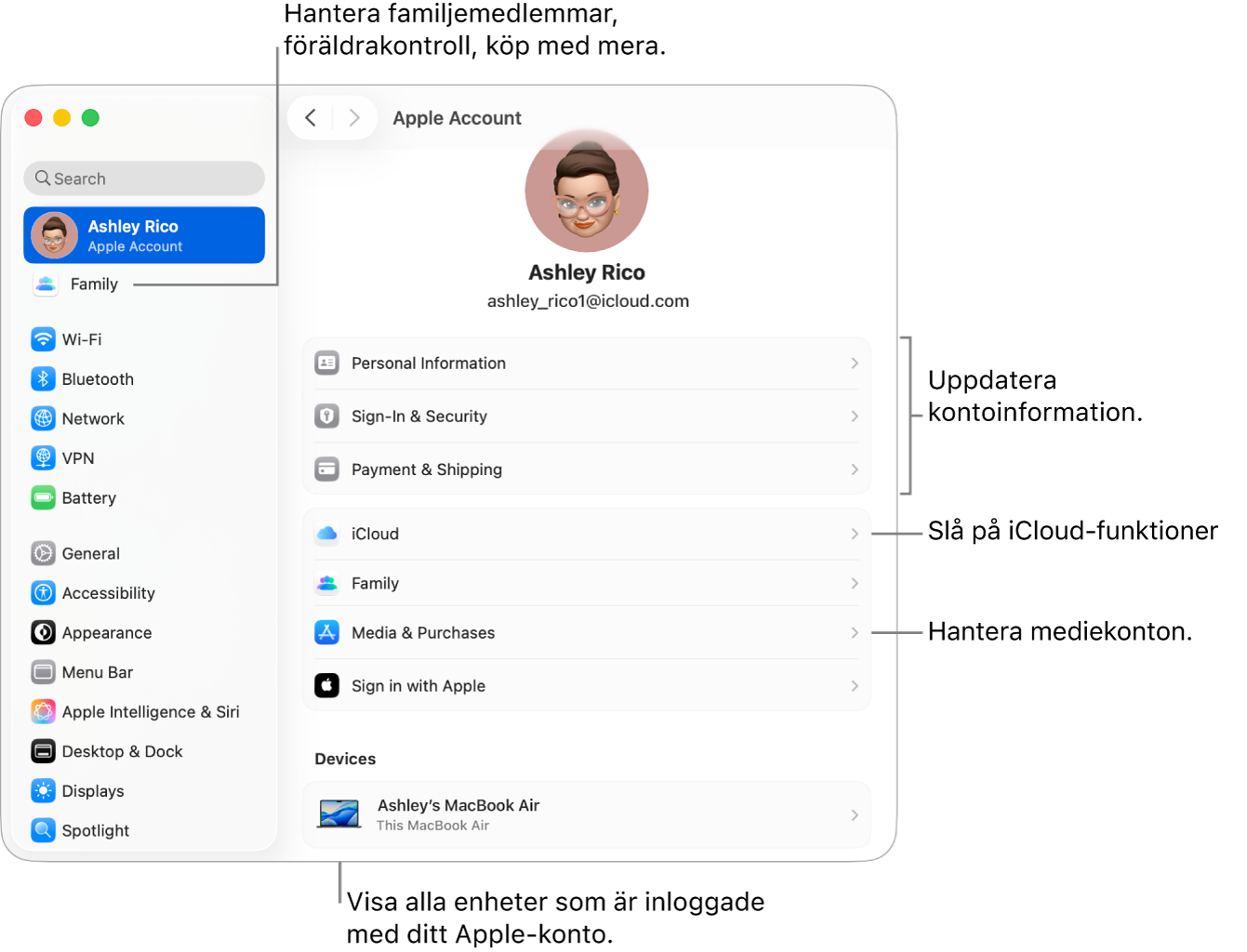 Apple‑kontoinställningarna i Systeminställningar med streck som pekar mot alternativ för att uppdatera kontoinformation, slå på eller stänga av iCloud-funktioner, hantera mediekonton och Familj där du kan hantera familjemedlemmar, föräldrakontroller, köp med mera.